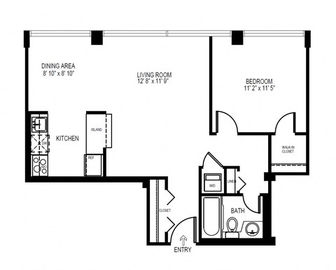 Floor plan for 1 bed, 1 bath, 650 sqft